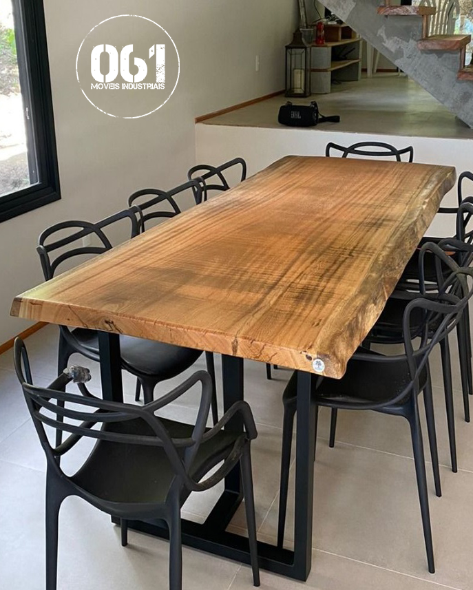 Mesa de Jantar Industrial Rústica Chapa de Pinus 8 Lugares