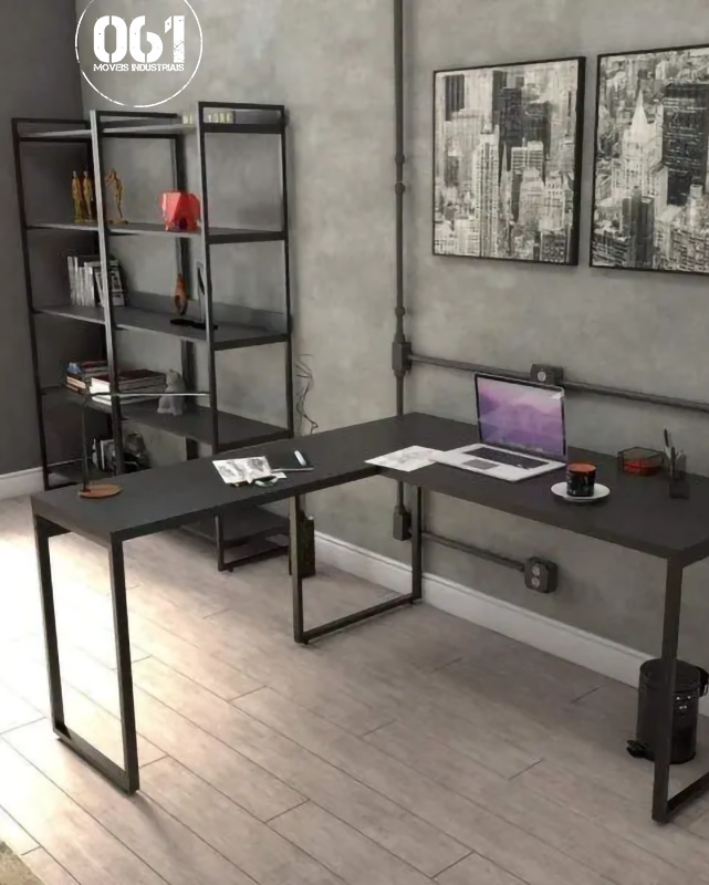Mesa de Escritório em "L" + Estante Dupla Industrial