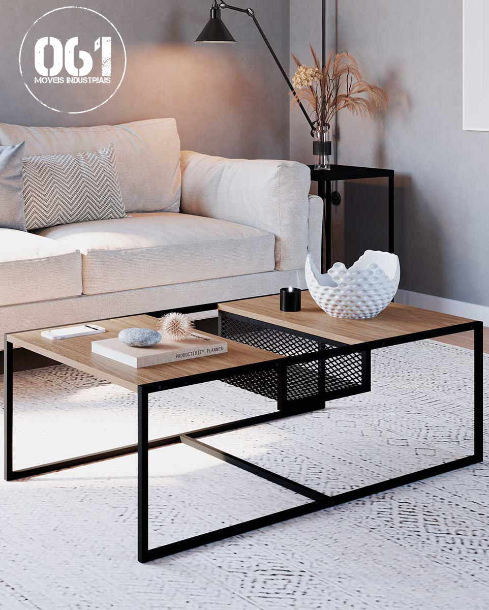 Mesa de Centro Industrial com Porta Revista